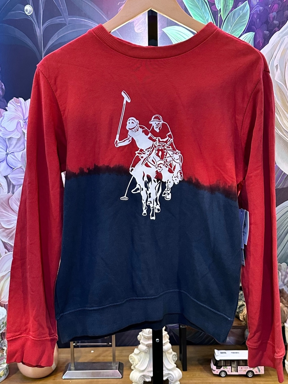 U.S. Polo Assn Boys XXL 18 Dip Dye Crewneck Sweatshirt Polo Graphic Red Navy NWT